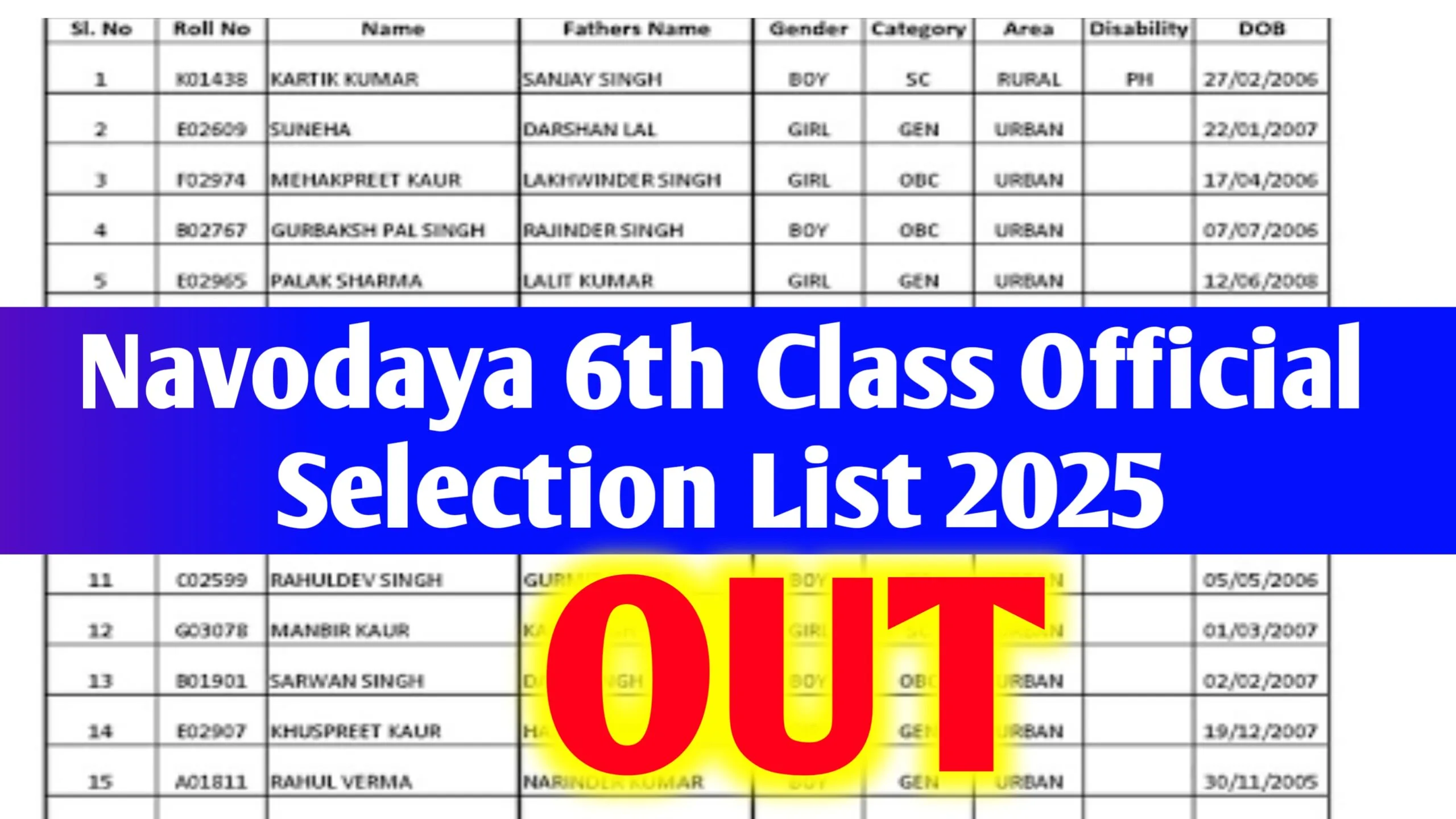 JNV 6th Class Official Selection List 2025 PDF - (OUT) - Download Roll Number Wise at Navodaya.gov.in