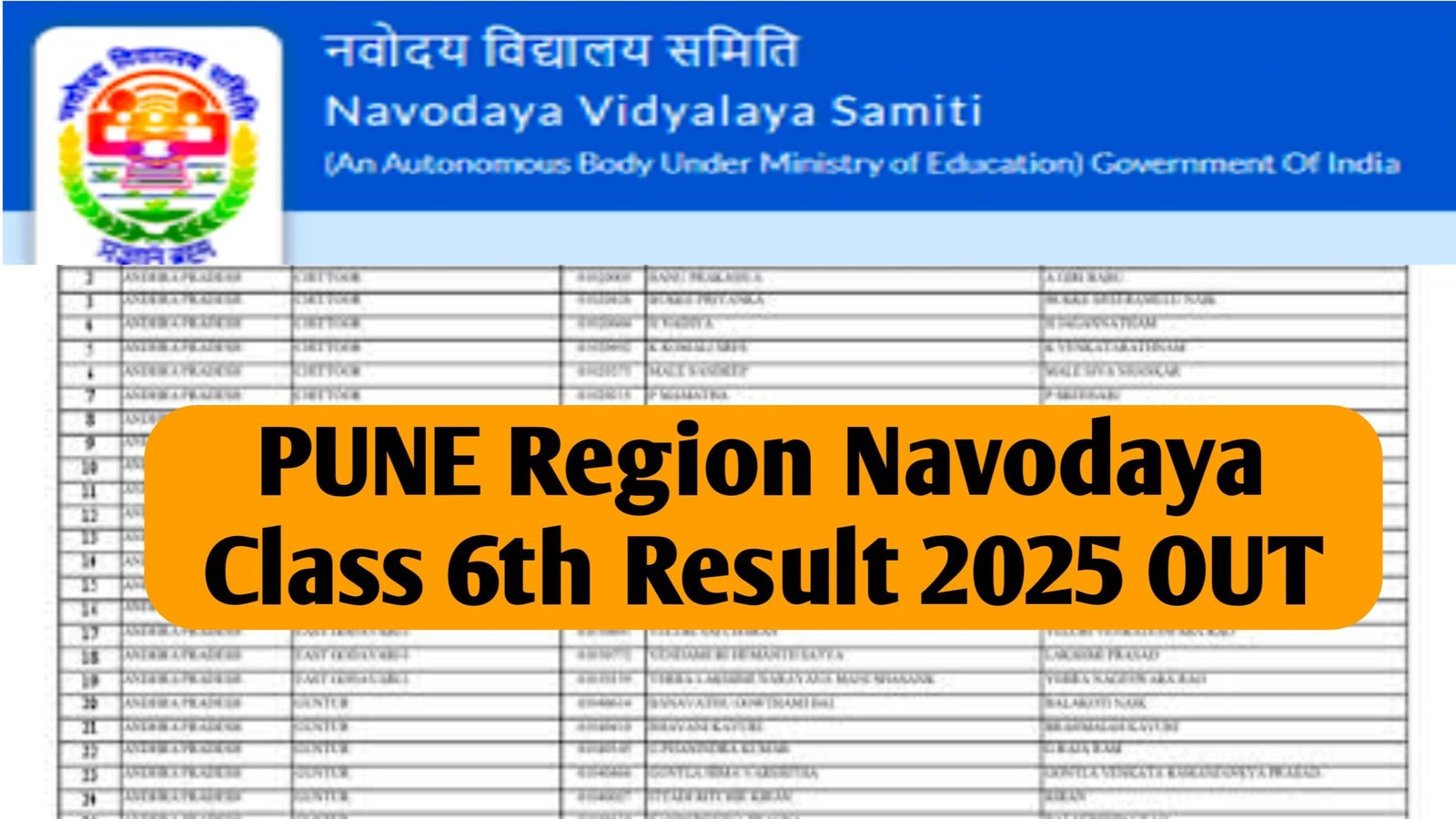 JNVST Pune Region Class 6th Selection List 2025 : (OUT) - Check Pune Region 6 Result & Cut Off @navodaya.gov.in